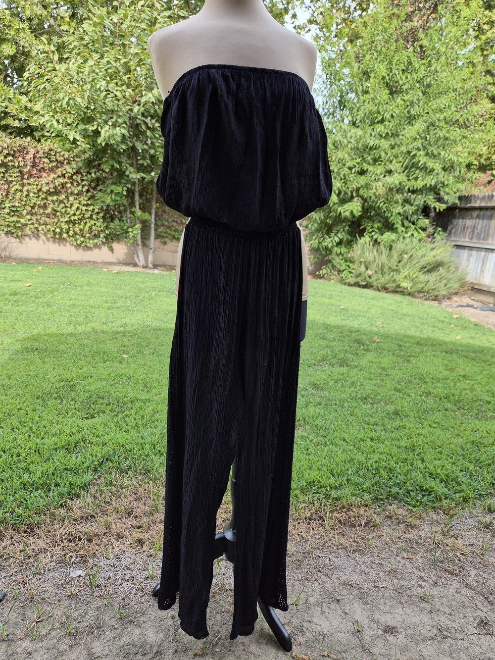 ELAN Black Strapless Plissé Jumpsuit Wide Leg Large #0504